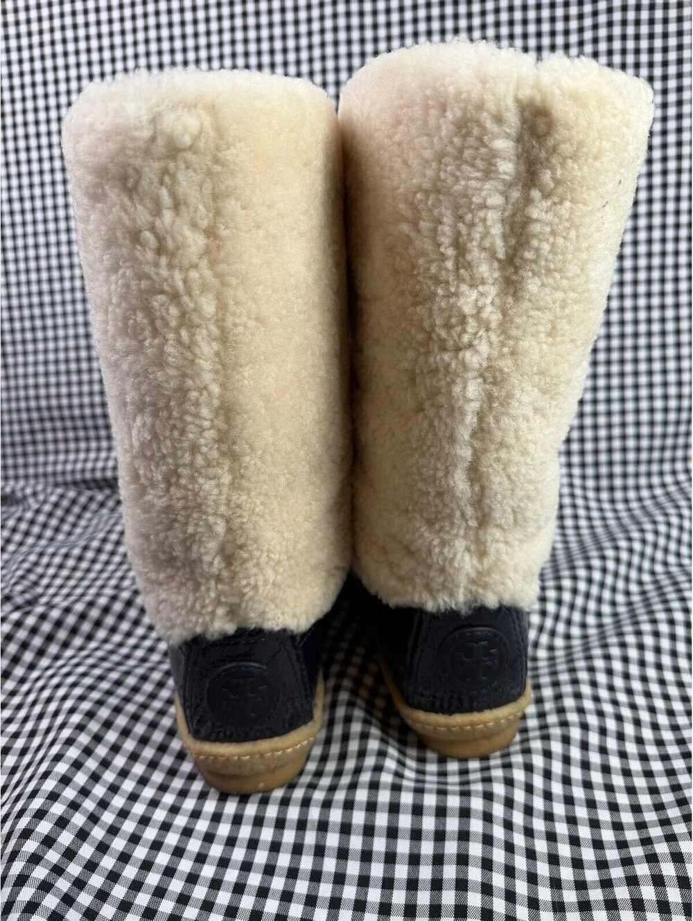 Tory Burch Womens 7 Navy Patent Leather Shearling Tall Boots Tassel Winter